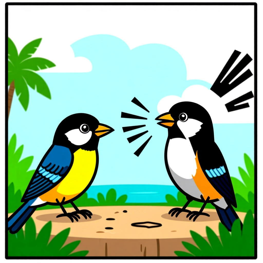 AI generated image: picture about bird care. picture style: comic introduction redirecting aggressive pecking, high qual
