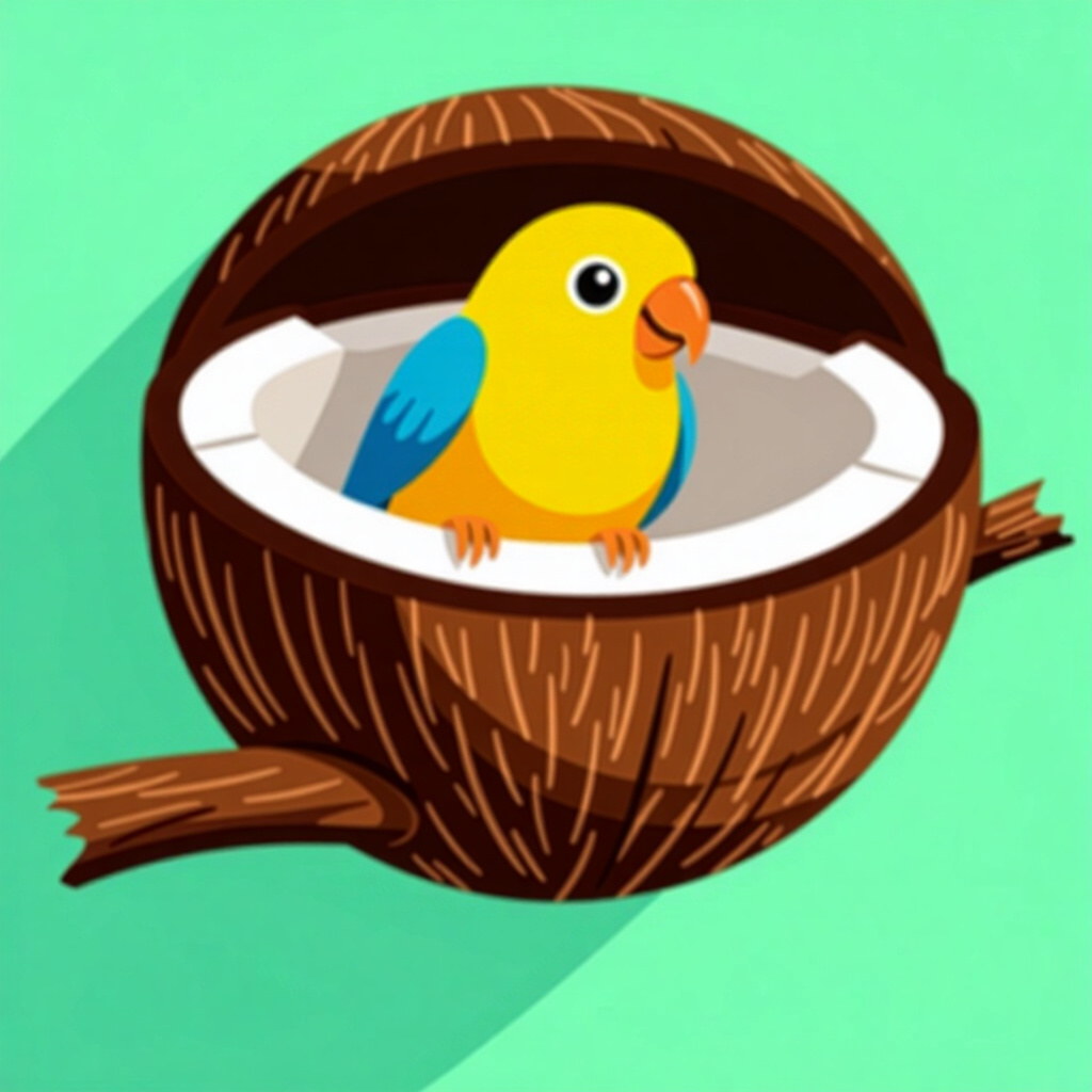 AI generated image: picture about bird care. picture style: comic coconutshell branch diy perch variety, high quality, d