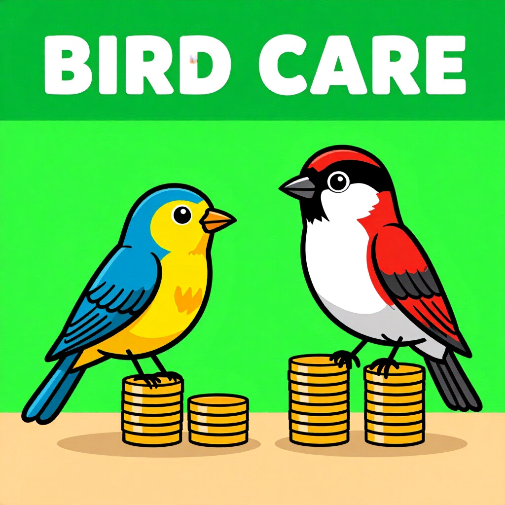 AI generated画像: 鳥の飼育に関する画像。画像スタイル: 漫画 コスト比較 予算編成 S M, 高品質, 詳細