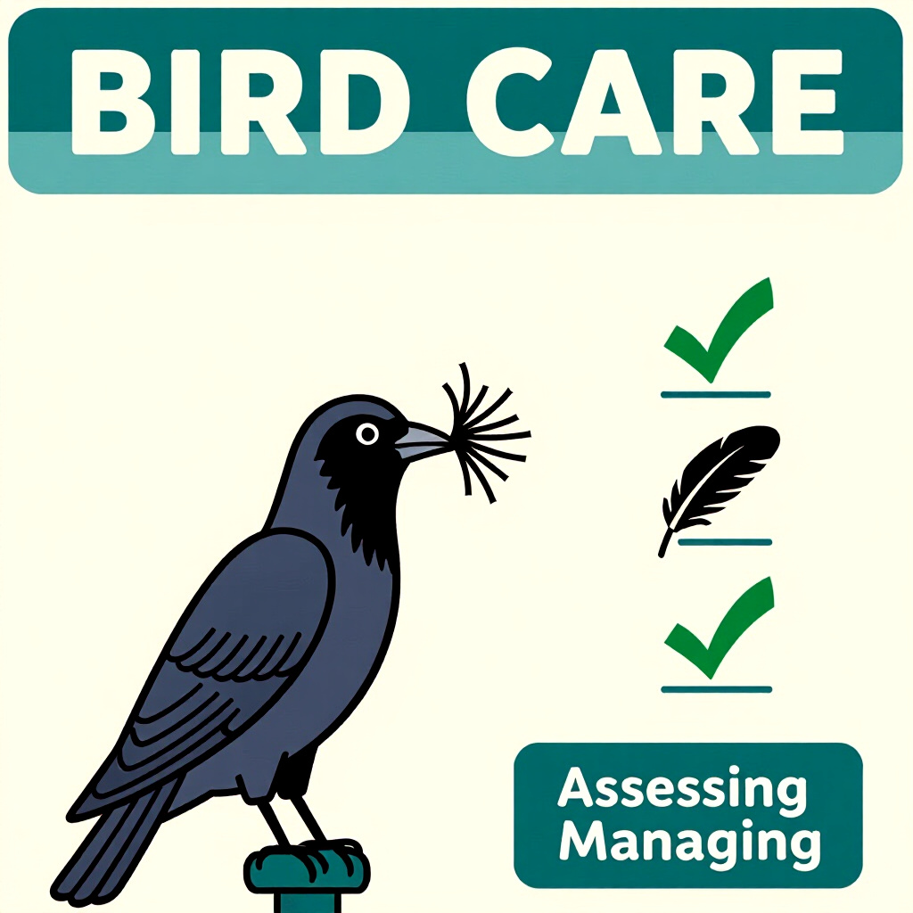 AI generated image: picture about bird care. picture style: comic signs symptoms assessing managing featherplucking, hig