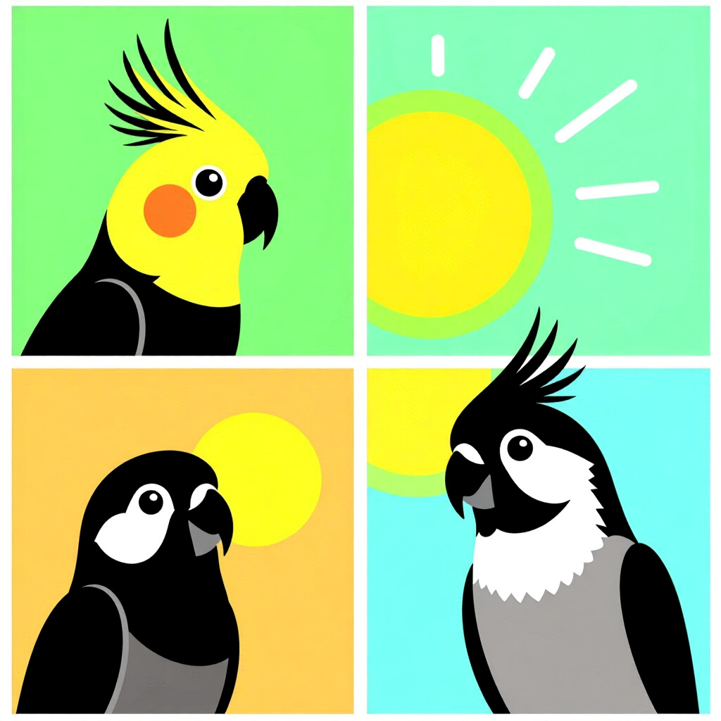AI generated cockatiel: picture about bird care. picture style: comic four physiological signals cockatiel combating travel