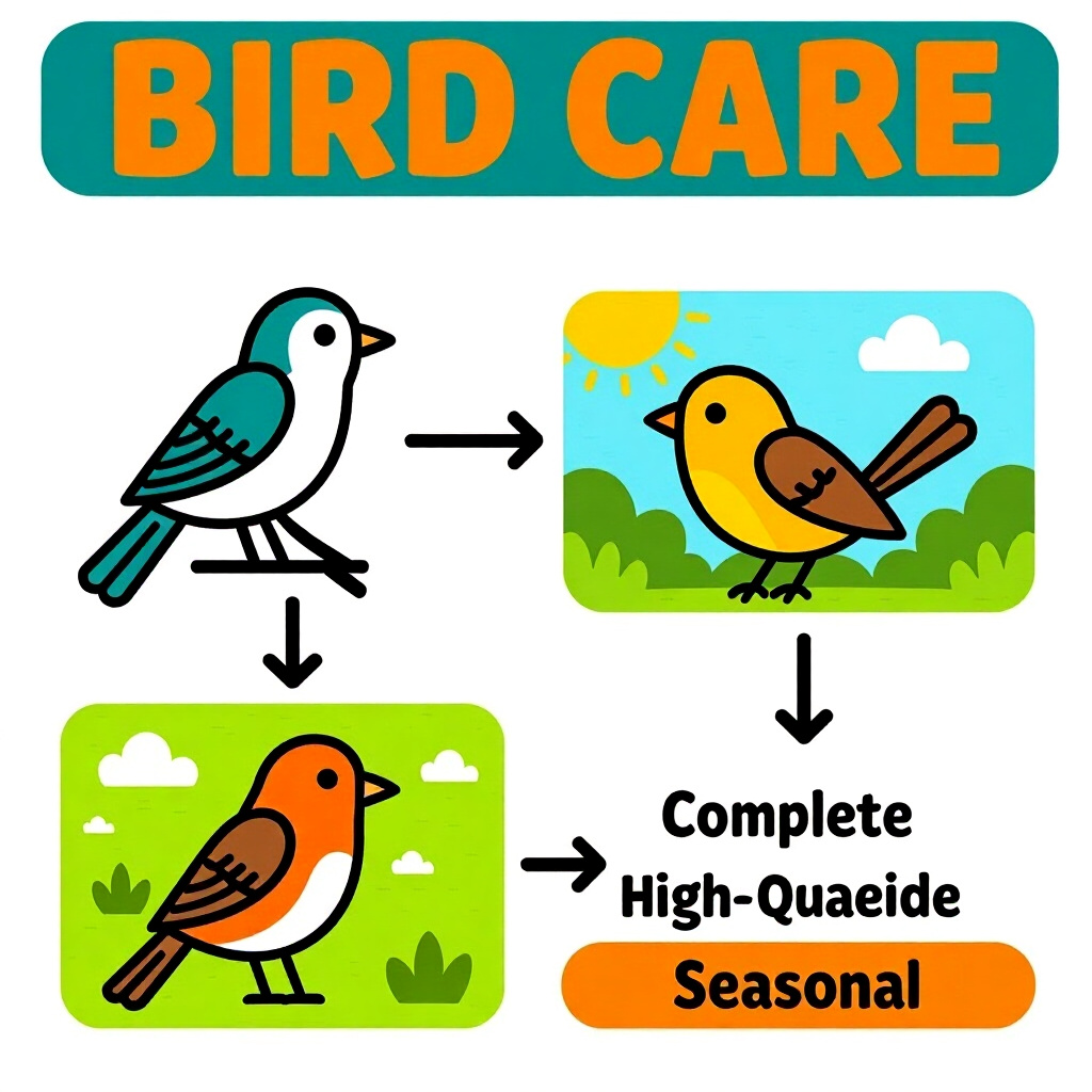 AI generated image: picture about bird care. picture style: comic introduction complete guide seasonal, high quality, de