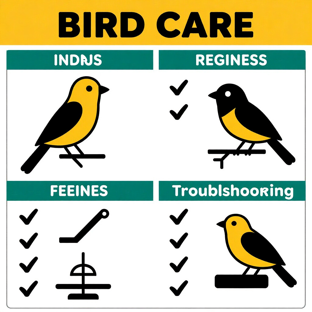 AI generated image: picture about bird care. picture style: comic immediate fixes taming troubleshooting chart, high qua