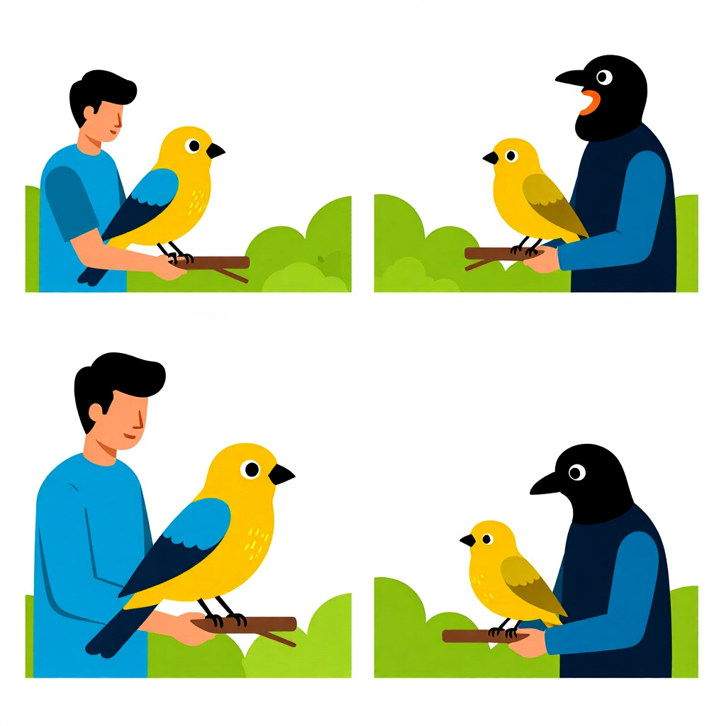 AI生成画像:鳥のケアに関する画像。画像スタイル:漫画的问题解決シナリオ、消極的、応答性のあるトラブル