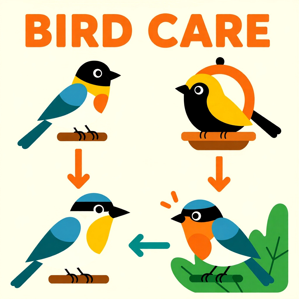 AI generated画像:鳥のケアに関する絵。絵のスタイル:漫画風ステップバイステップガイド設定、高品質、詳細