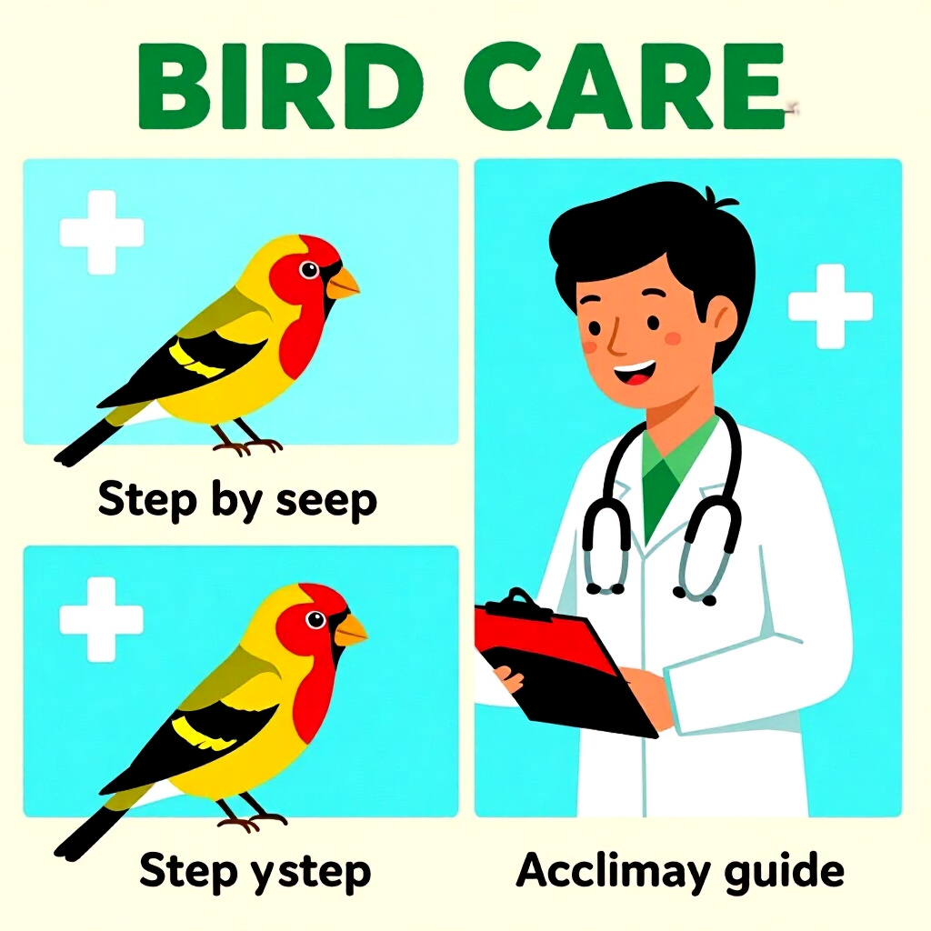 AI generated finch: picture about bird care. picture style: comic health check vet finch stepbystep guide acclimating, h