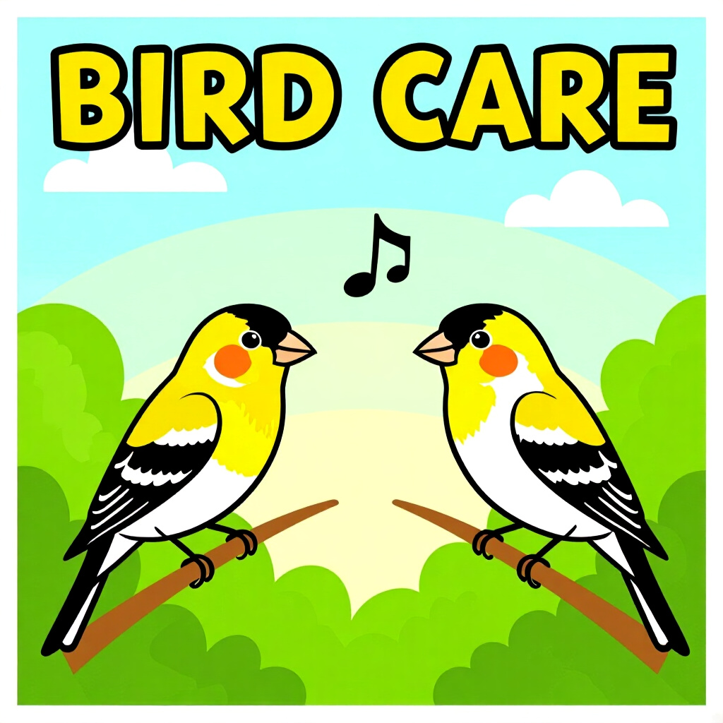 AI generated finch: picture about bird care. picture style: comic introduction finch chirps words structured, high quali