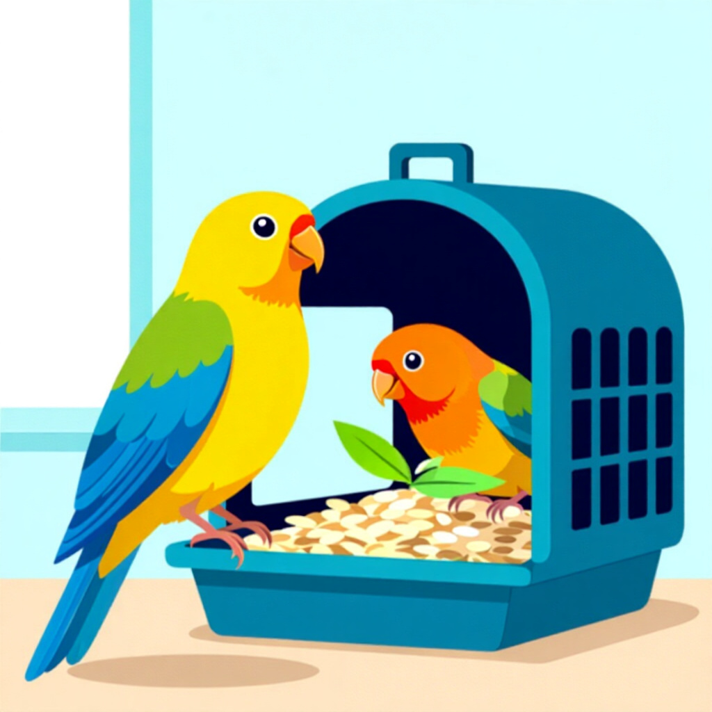 AI生成された鳥: 鳥のケアに関する画像。画像スタイル: 漫画 段階的な順化 ホームクレート 鳥 ストレスフリーな環境作り