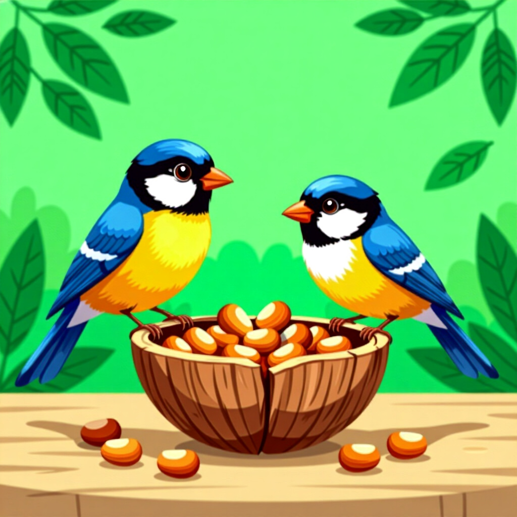 AI generated birds: picture about bird care. picture style: comic avian gut nutshell birds avoiding common food, high qu