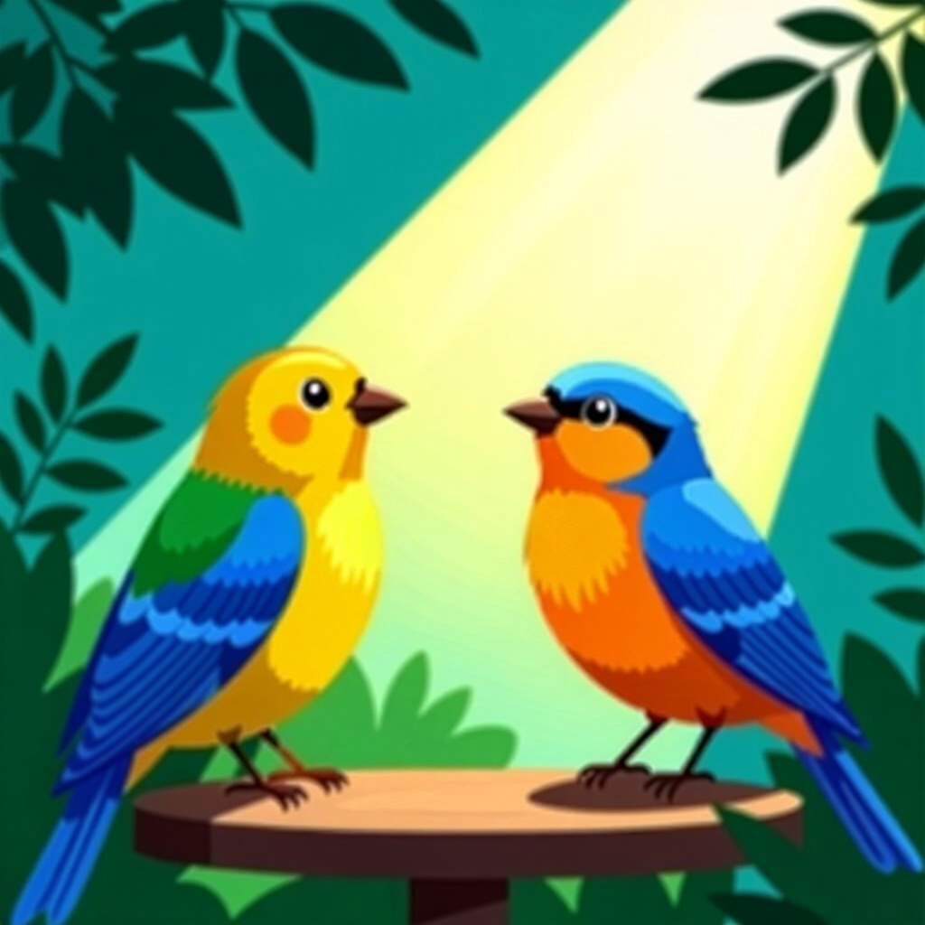 AI generated birds: picture about bird care. picture style: comic introduction birds evaluating impact light, high quali