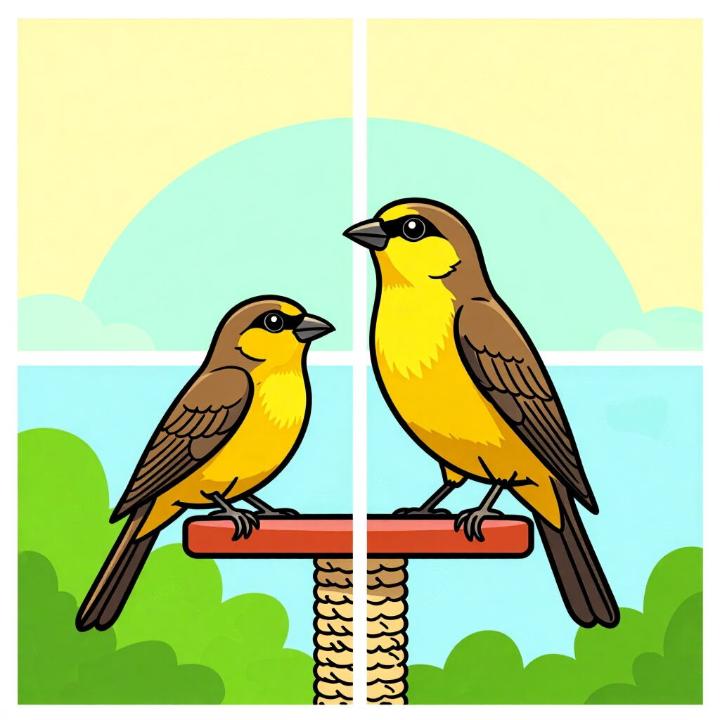 AI generated image: picture about bird care. picture style: comic quick visual scan testing perch stability, high qualit