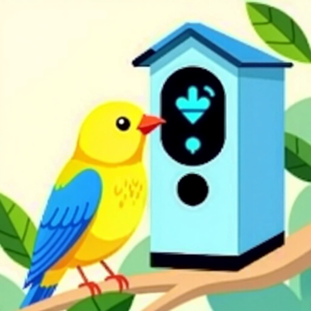 AI generated bird: picture about bird care. picture style: comic core algorithm bird using smart home, high quality, de