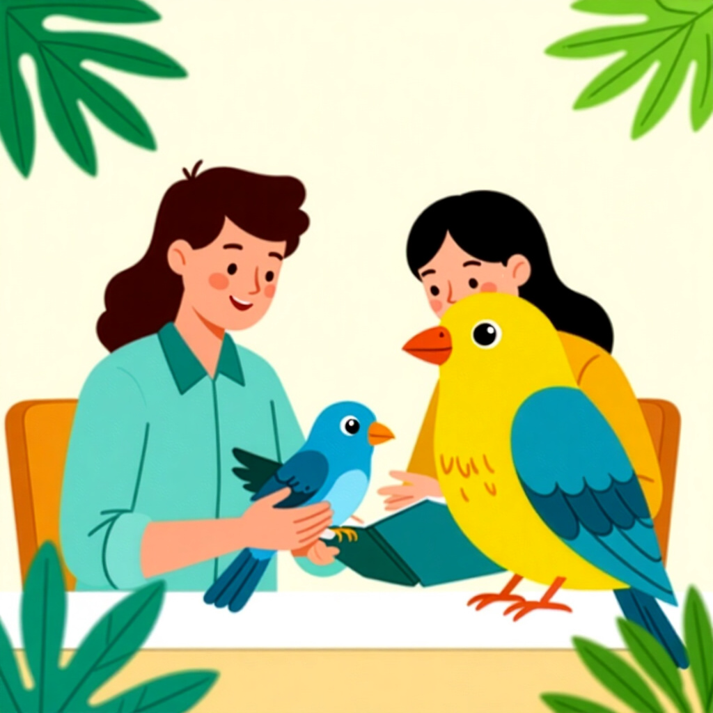 AI generated image: picture about bird care. picture style: comic owners managing work hours s m, high quality, detailed
