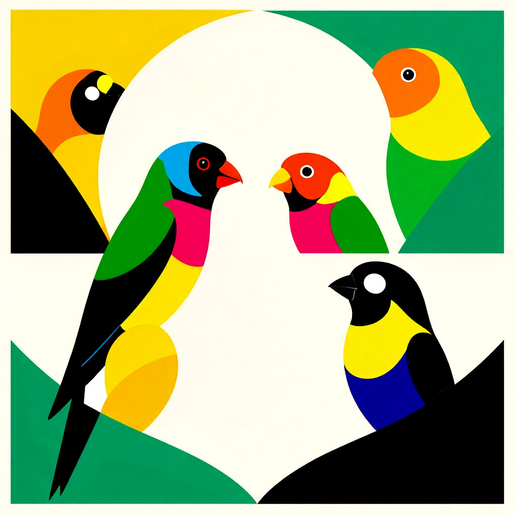 AI生成フィンチ:鳥のケアに関する絵。絵のスタイル:漫画二遺伝子座カラーシステムフィンチ、ゴウルディアンカラー習得,