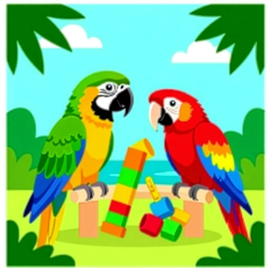 AI generated parrots: picture about bird care. picture style: comic introduction parrots choosing enrichment toys, high qu