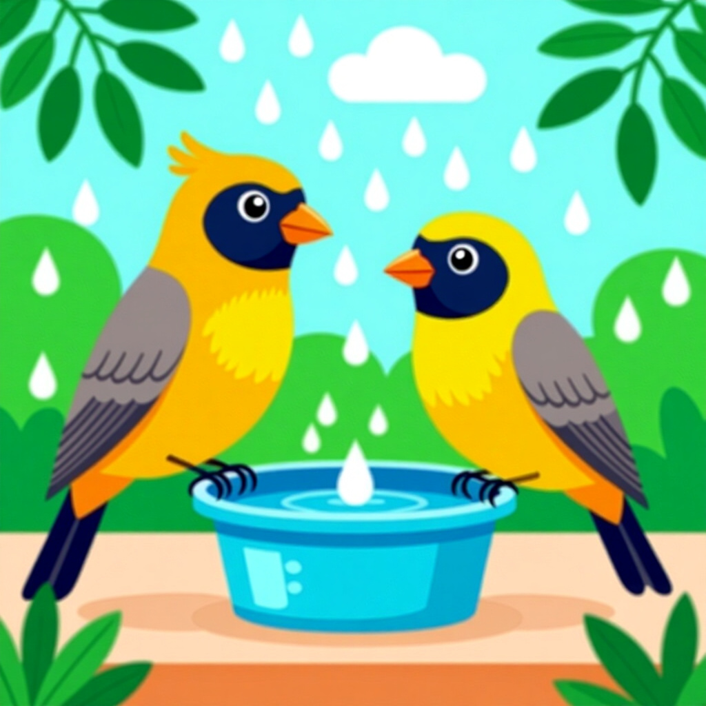 AI generated image: picture about bird care. picture style: comic preparing rainyseason hydration s m, high quality, det