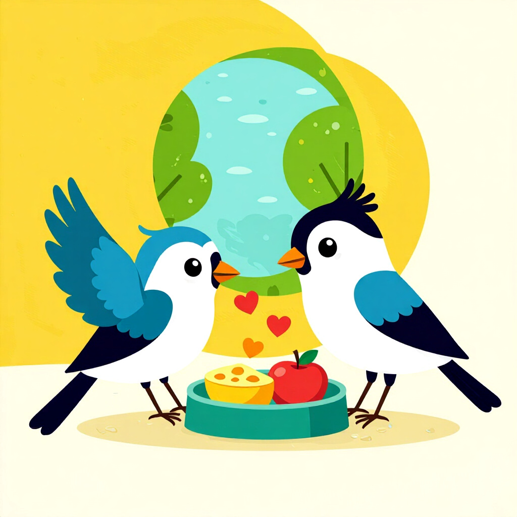 AI generated birds: picture about bird care. picture style: comic birds creating multimeal routine s m, high quality, de