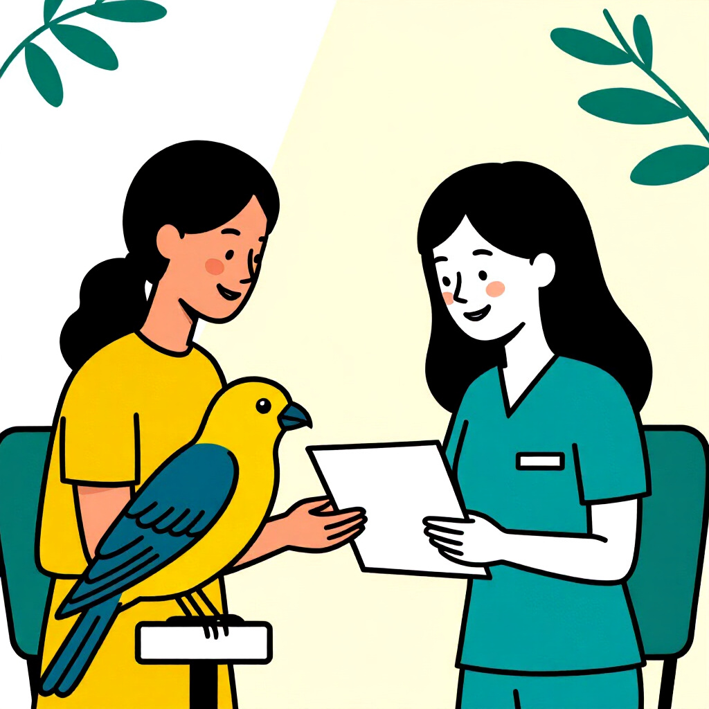 AI generated cat: picture about bird care. picture style: comic previsit prep gather documenting communicating endofli