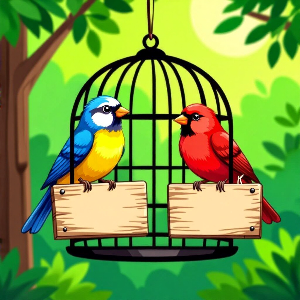 AI generated birds: picture about bird care. picture style: comic introduction birds replace cage signs, high quality, d