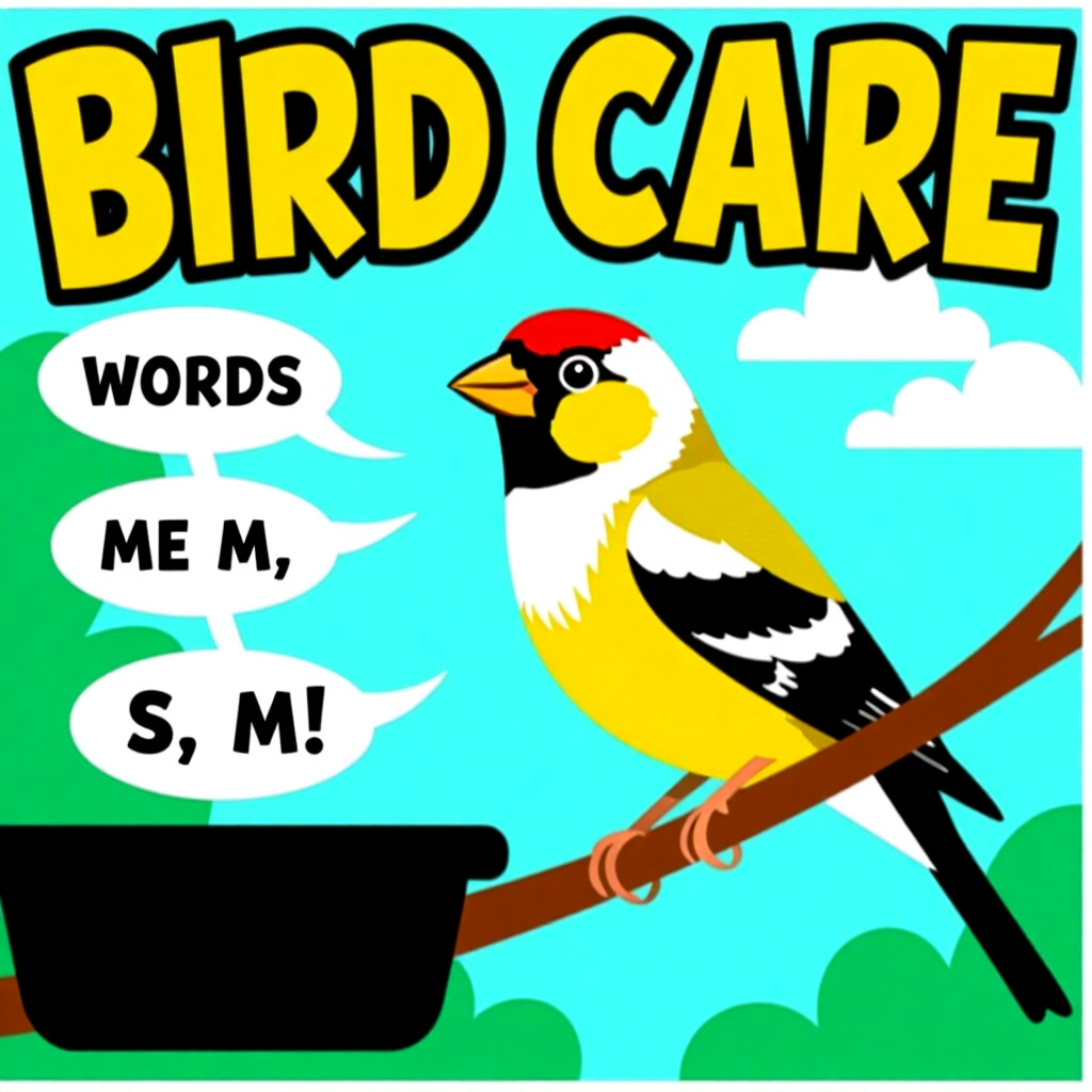 AI generated finch: picture about bird care. picture style: comic finch chirps words structured s m, high quality, detai
