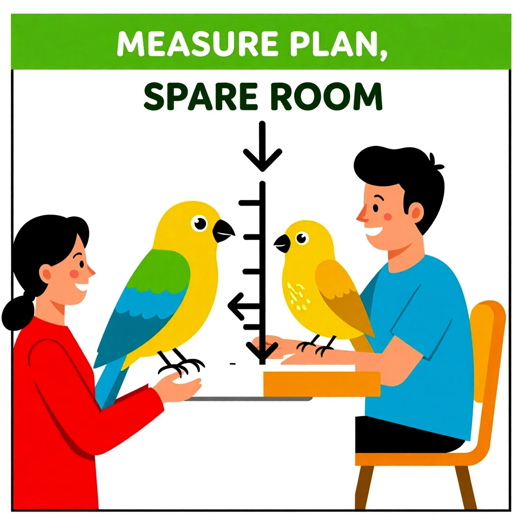 AI generated image: picture about bird care. picture style: comic measure plan transforming spare room, high quality, de