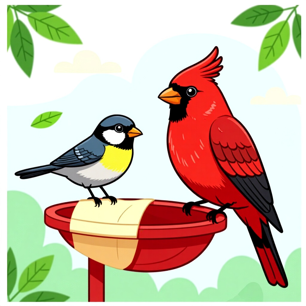 AI生成された鳥: 鳥の世話に関する画像。画像スタイル: 漫画調、特定の小さな鳥がRedditを操作している様子を維持、高解像度
