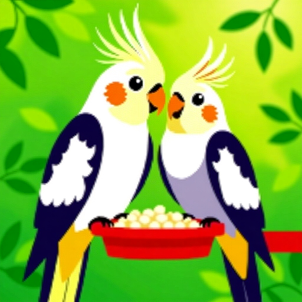 AI generated cockatiel: picture about bird care. picture style: comic cockatiel successful breeding selecting s m, high qual