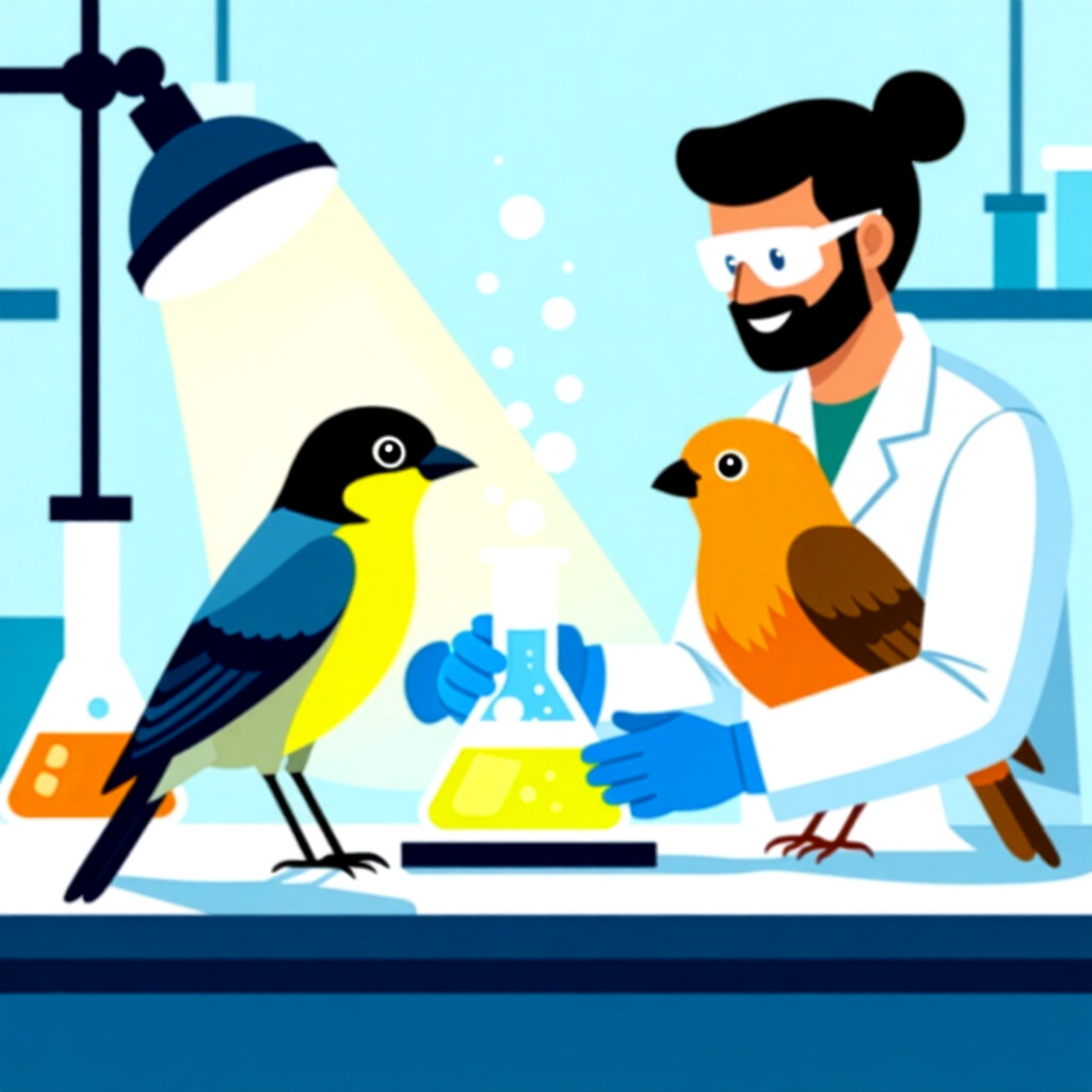 AI generated image: picture about bird care. picture style: comic laboratoryscale test creating lowstress quarantine, hi