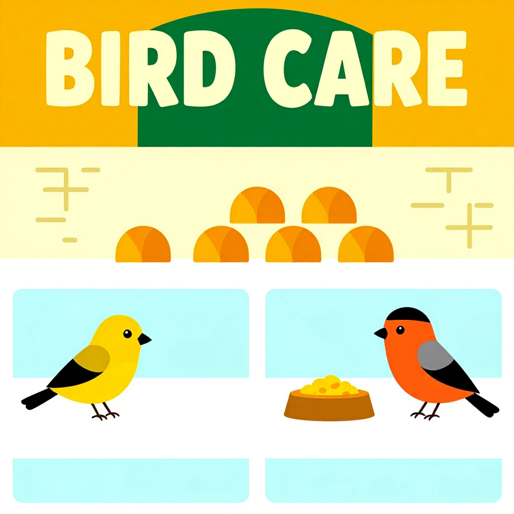 AI生成された鳥：鳥のケアに関する画像。画像スタイル：小さな鳥の食事の構築、一般的な欠乏症を防ぐコミックスタイル