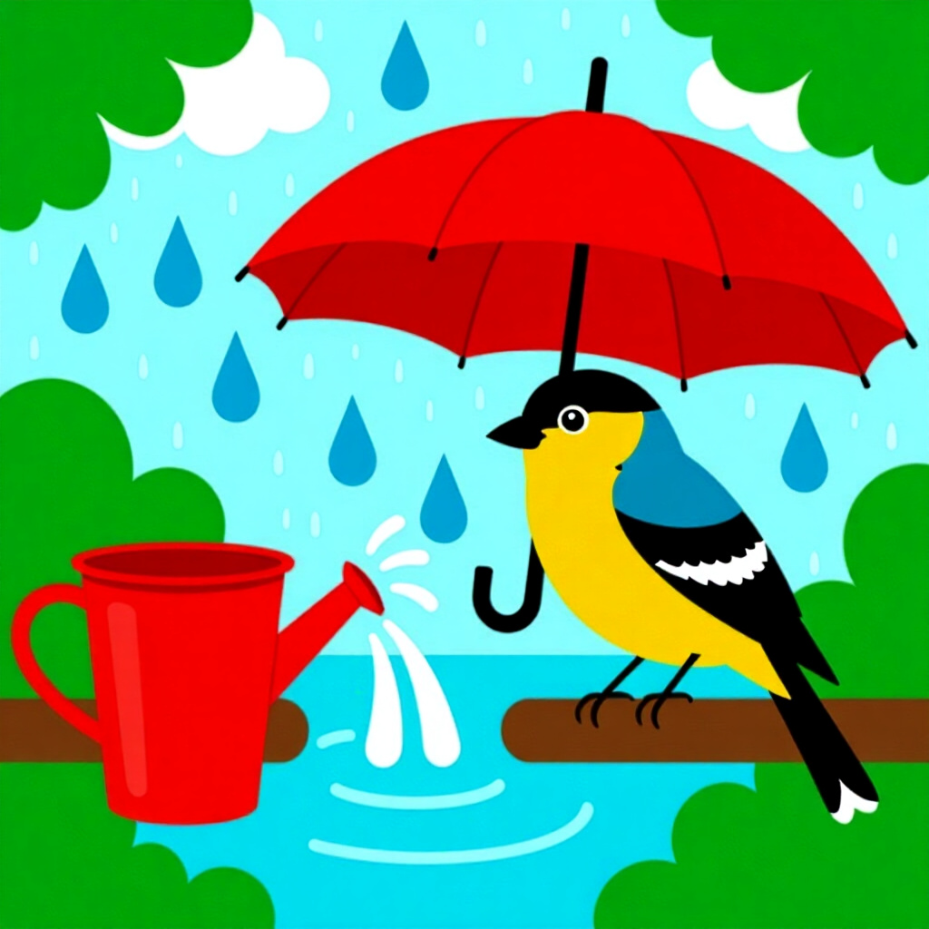 AI生成画像:鳥のケアに関する画像。画像スタイル:漫画 梅雨の時期の準備、梅雨時の水分補給に関すること