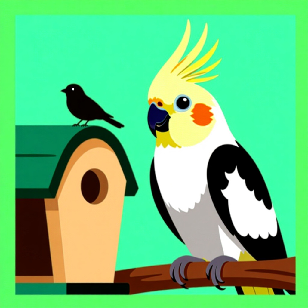 AI生成コカトゥー:鳥の世話に関する画像。画像スタイル:漫画風、コカトゥーの一時預かりの紹介、高画質