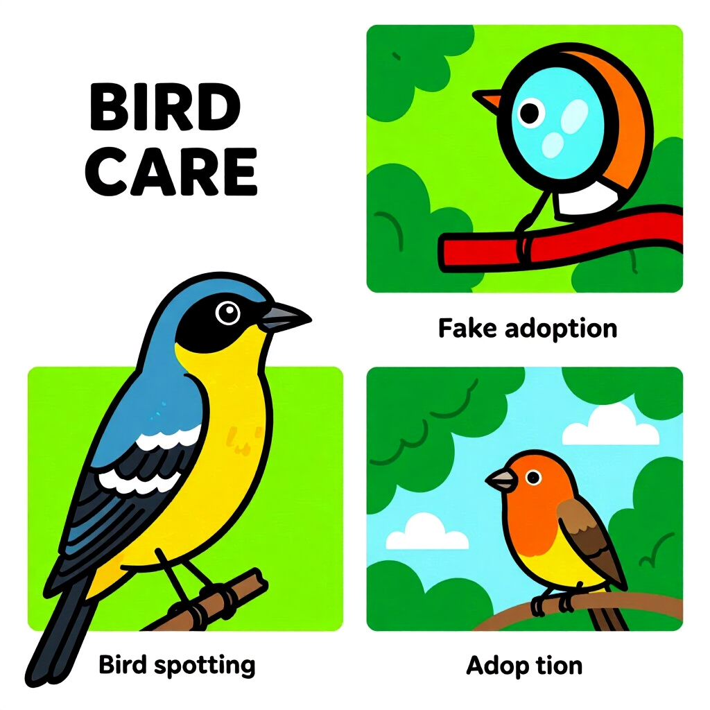 AI generated bird: picture about bird care. picture style: comic introduction bird spotting fake adoption, high quality