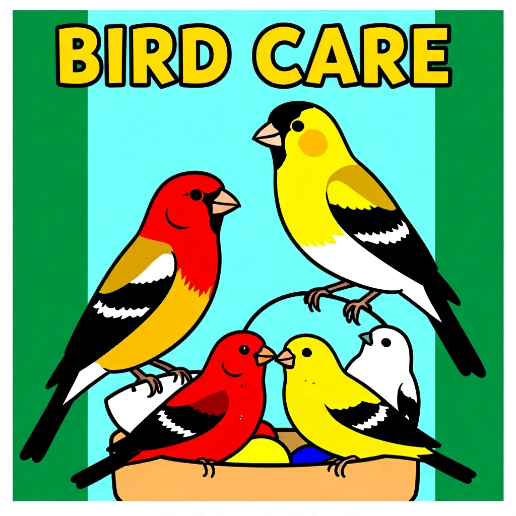 AI generated bird: picture about bird care. picture style: comic introduction finch managing multibird society, high qu