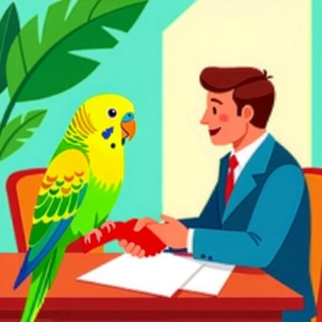 AI generated image: picture about bird care. picture style: comic negotiating agreement creating local parakeet, high qu