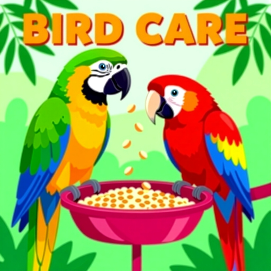 AI generated parrots: picture about bird care. picture style: comic introduction parrots transitioning small seed, high qu