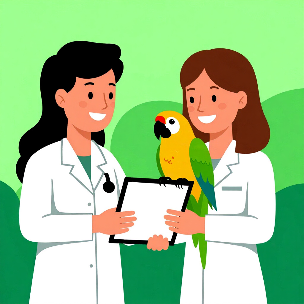 AI generated parrot: picture about bird care. picture style: comic fit log into parrot owners complete previsit health, h
