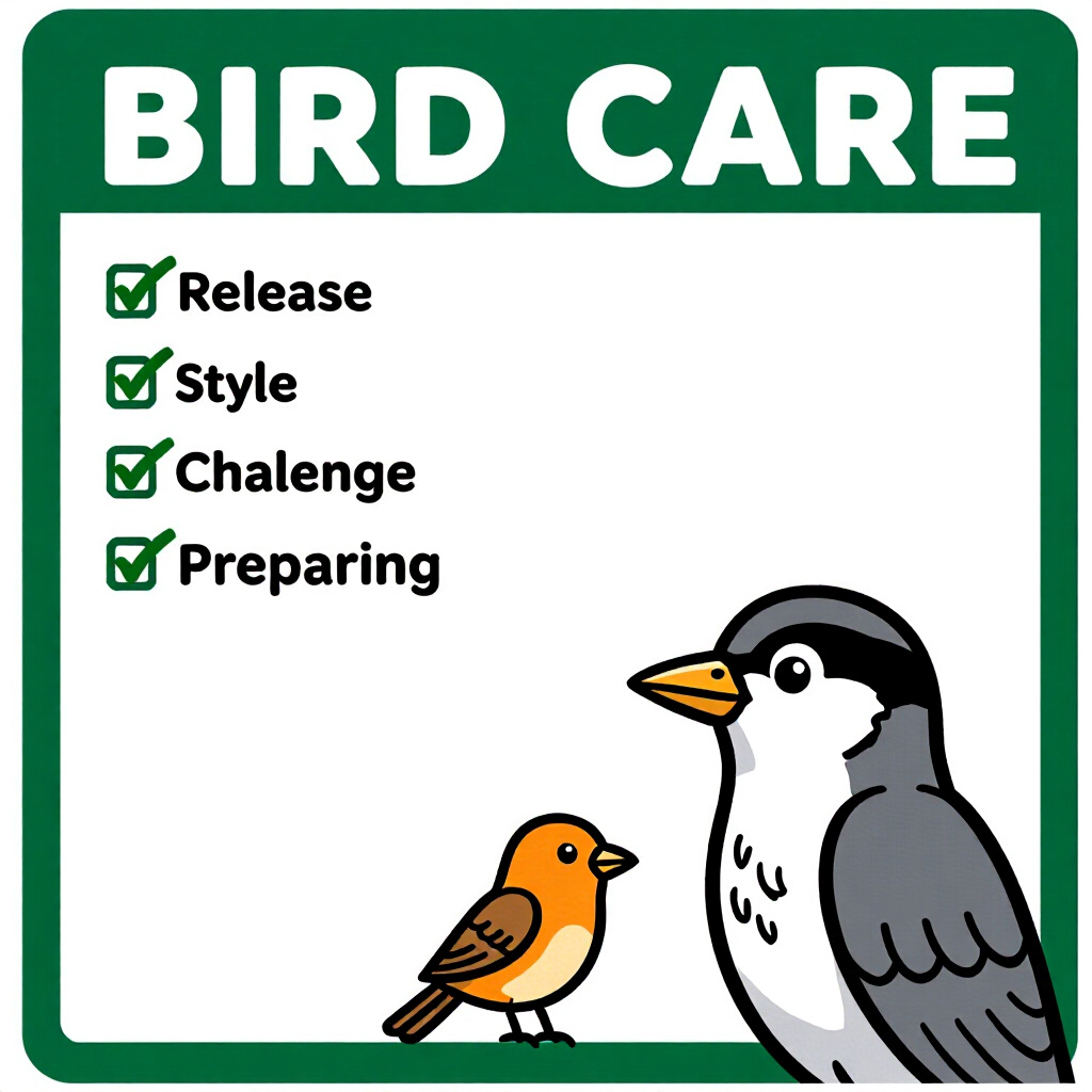 AI generated image: picture about bird care. picture style: comic challenge release success fosterfirst checklist prepar