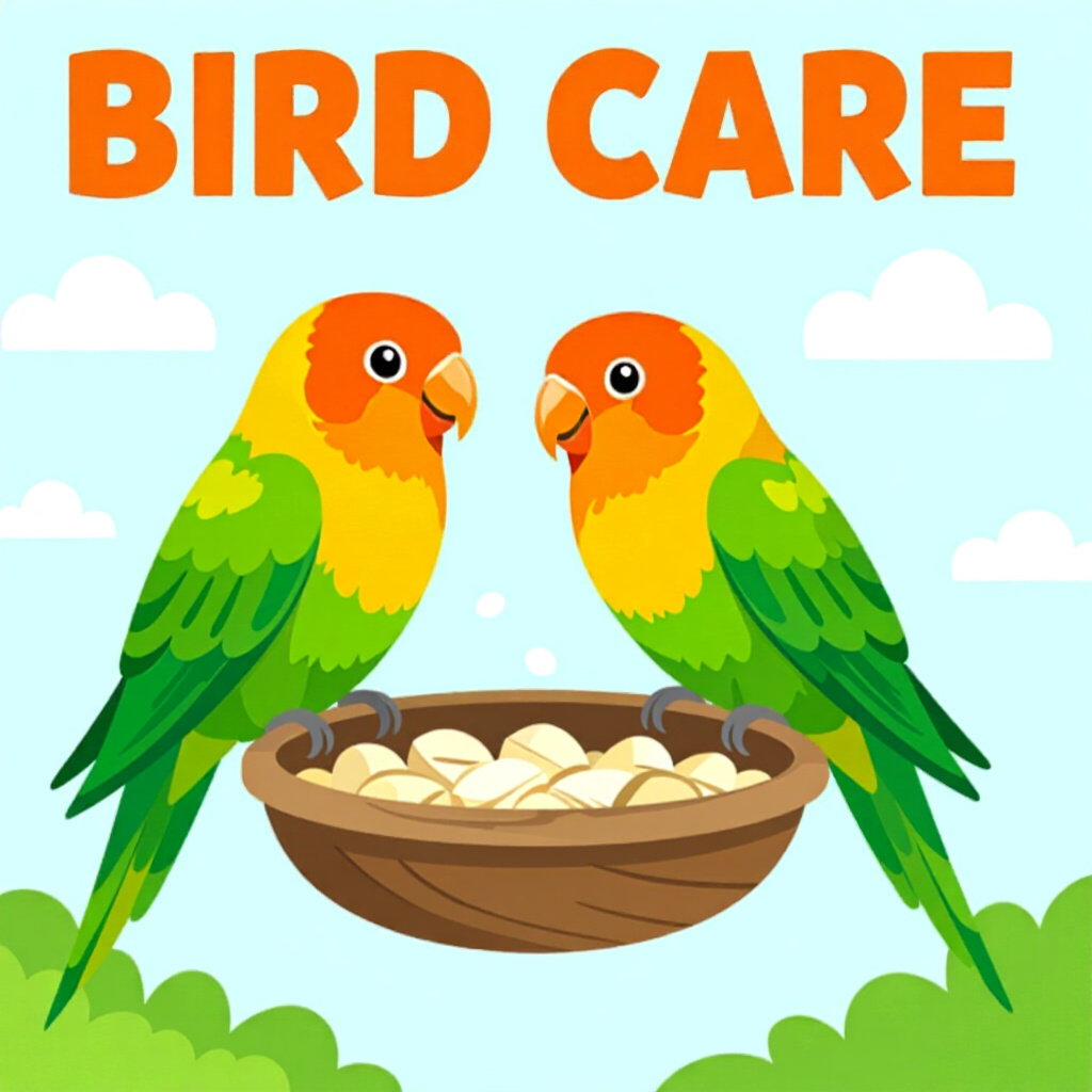 AI generated birds: picture about bird care. picture style: comic enrichment matters lovebirds enrichment ideas keep, hi