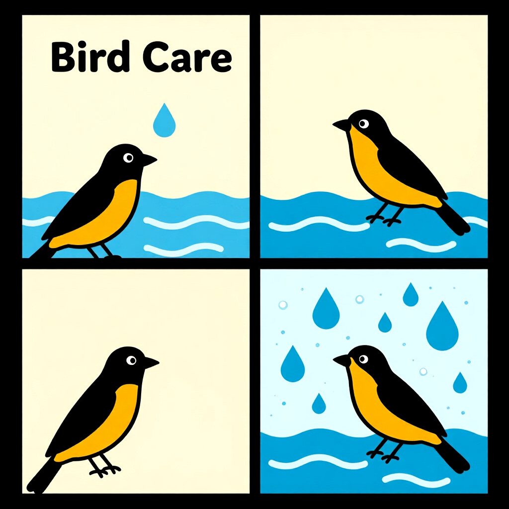 AI generated画像: 鳥のケアに関する絵。絵のスタイル: コミック導入比較レビュー液体、高品質、