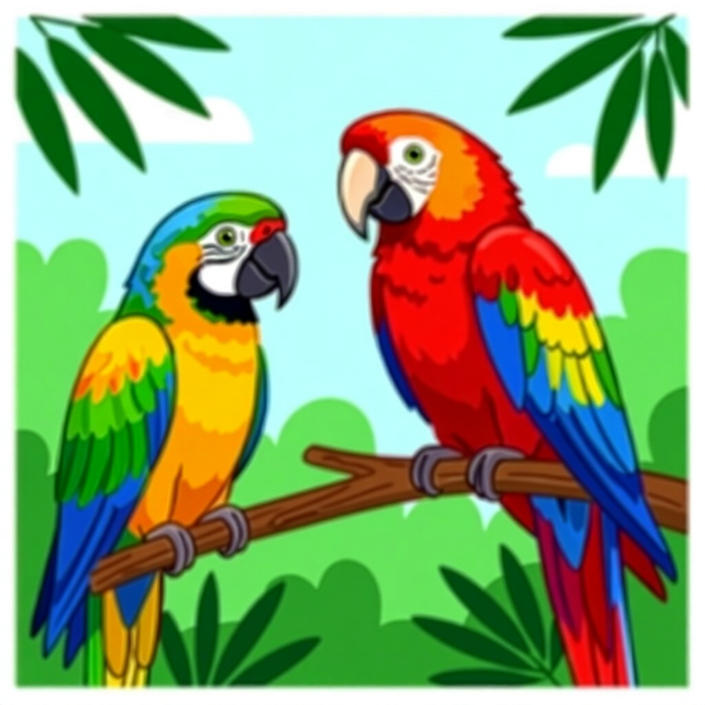 AI generated parrots: picture about bird care. picture style: comic introduction parrots understanding vaccineinduced side