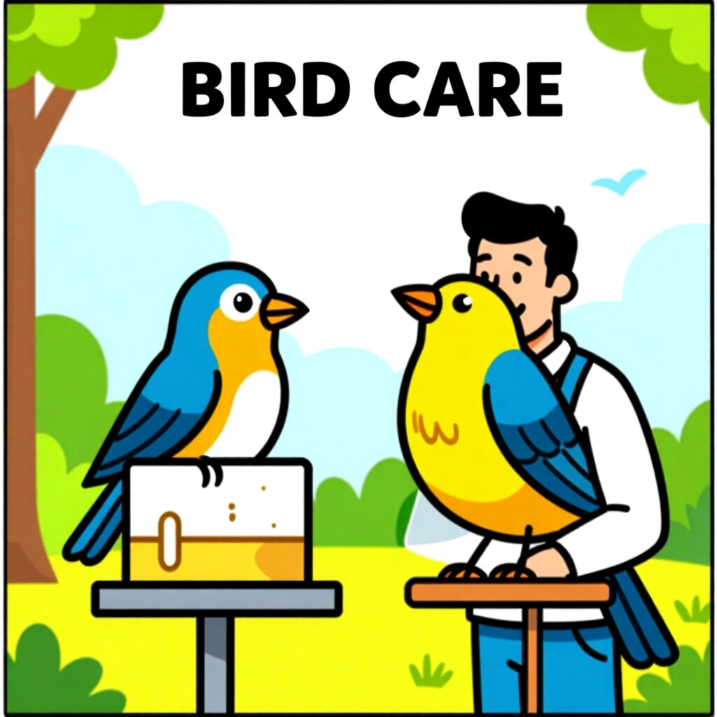 AI生成画像:鳥の飼育に関する絵。絵のスタイル:仕事の時間を管理する飼い主をコミック風に紹介する、高品質