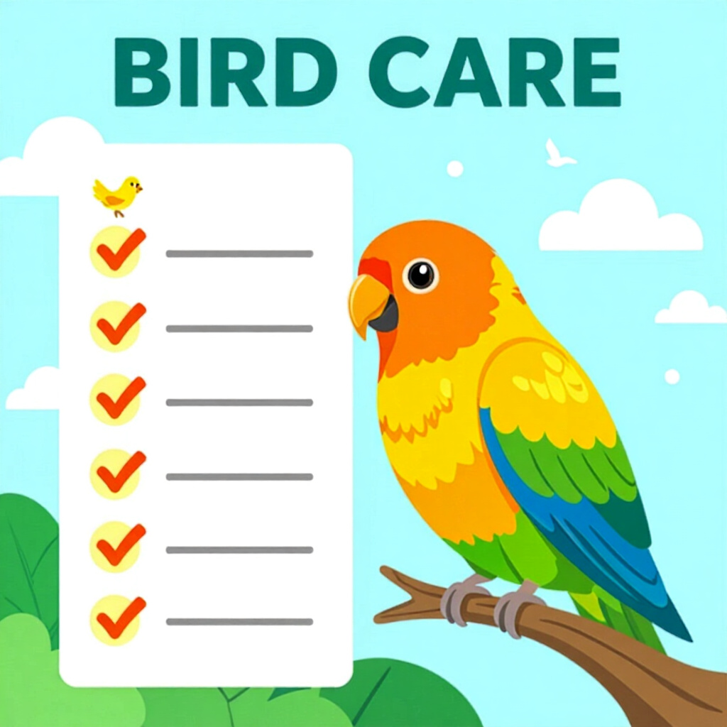 AI generated birds: picture about bird care. picture style: comic biosecurity checklist pet birds understanding human he