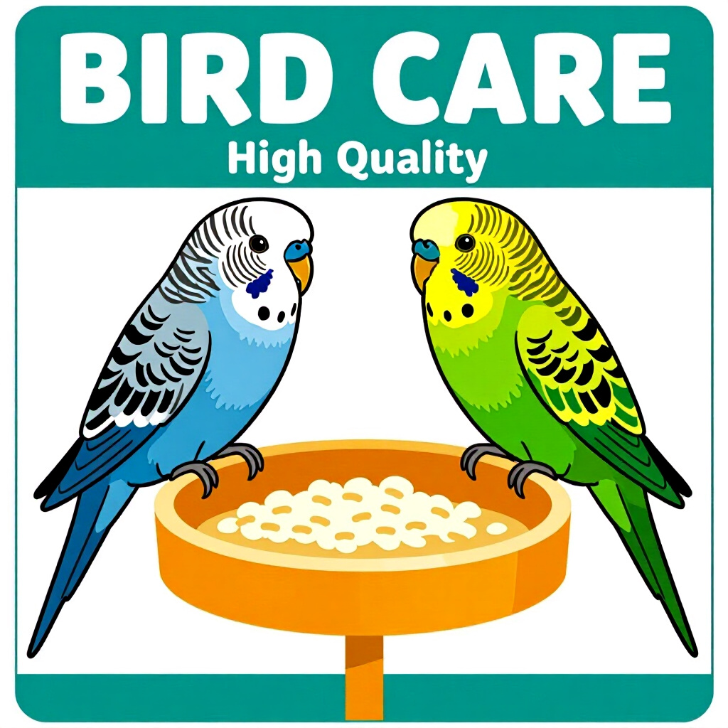 AI generated画像:鳥のケアに関する絵。絵のスタイル:コミック導入移行セキセイインコの食事、高品質