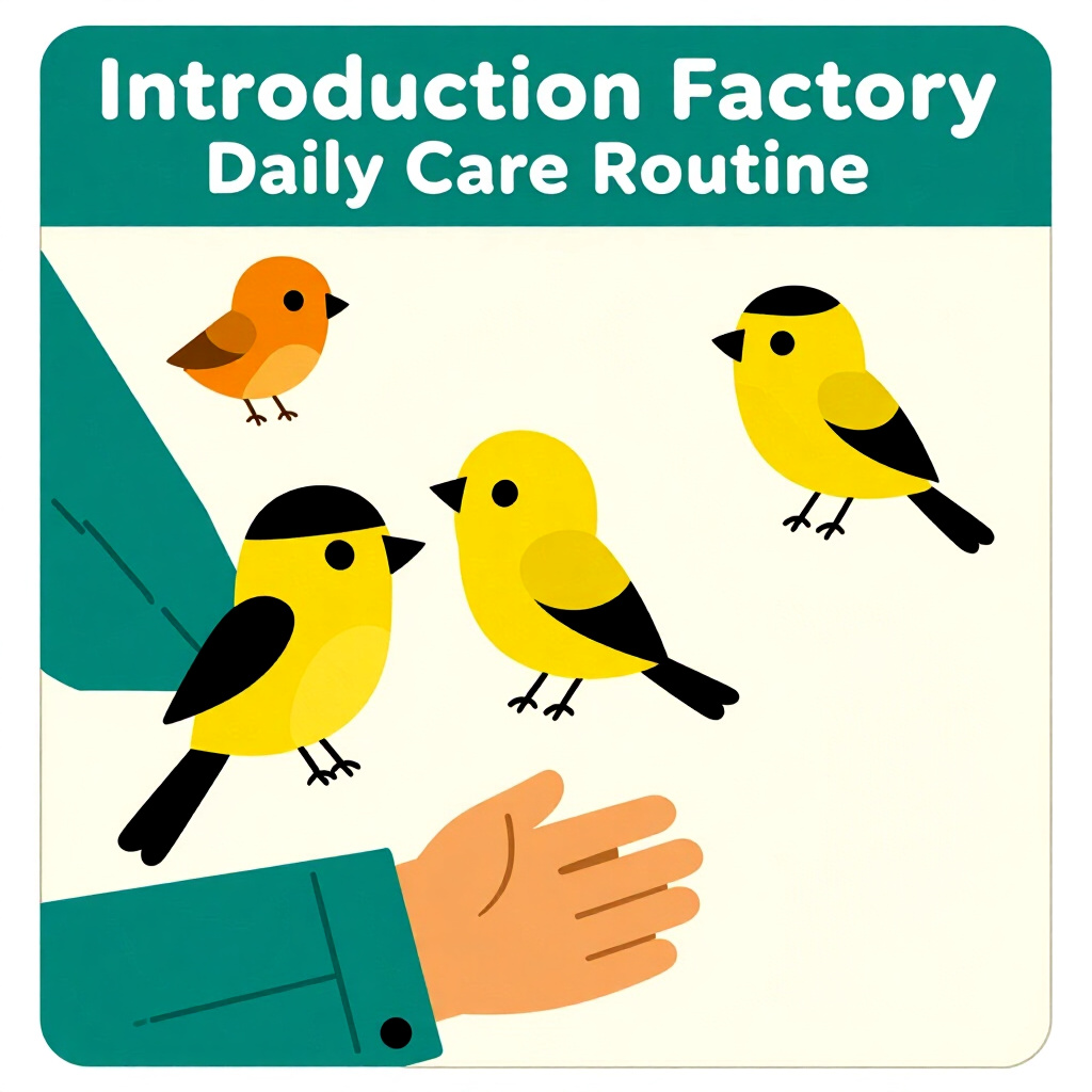 AI generated finch: picture about bird care. picture style: comic introduction little finchfactory daily care routine, h