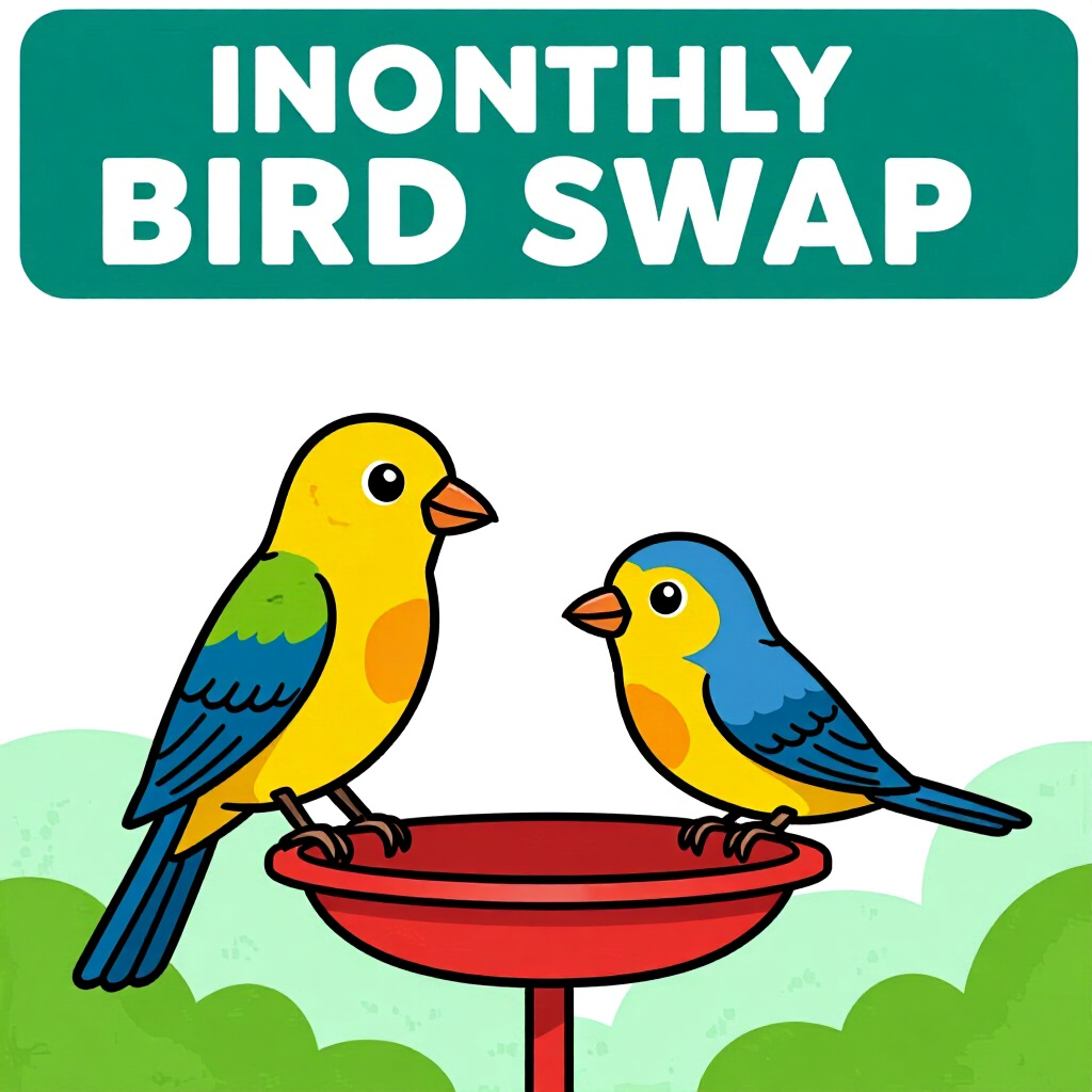 AI generated birds: picture about bird care. picture style: comic introduction start monthly birdswap, high quality, det