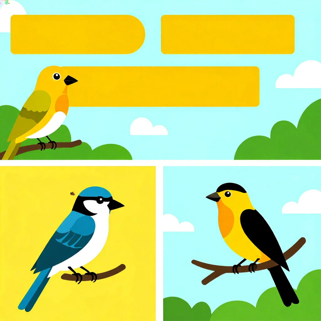 AI generated birds: picture about bird care. picture style: comic introduction birds separate identifying warning, high
