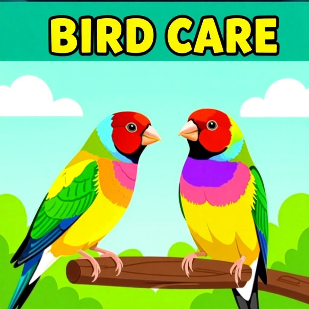 AI generated finch: picture about bird care. picture style: comic introduction molting gouldian finches, high quality, d