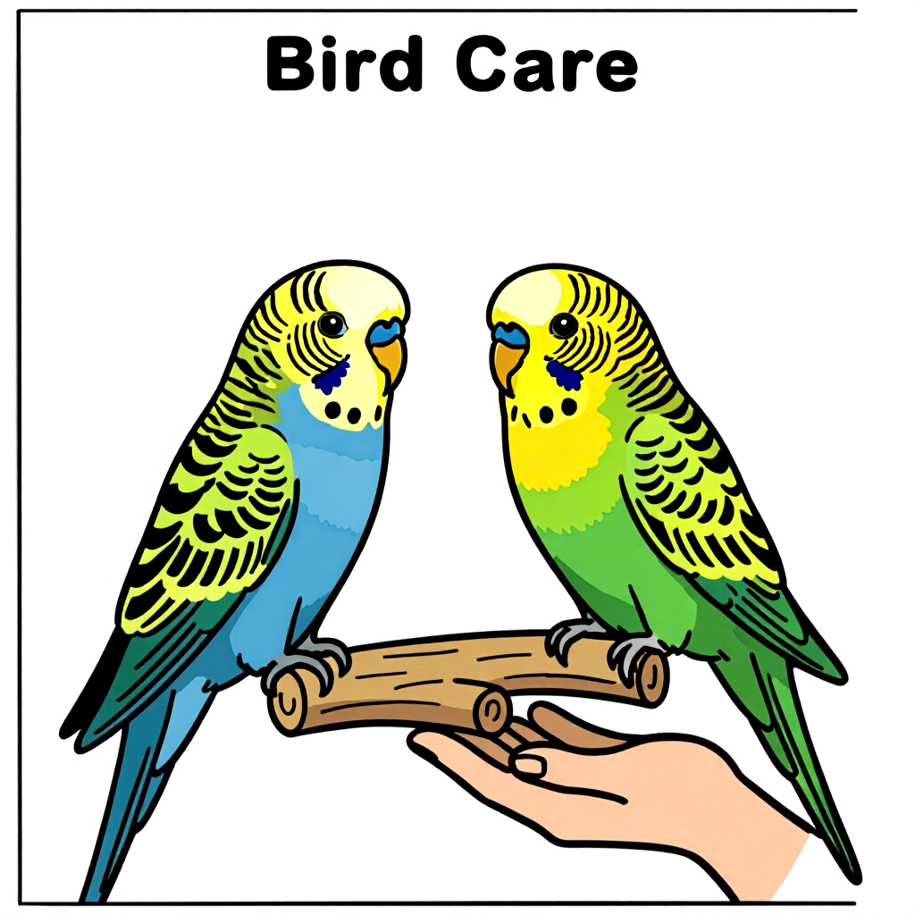 AI生成画像:鳥のケアに関する画像。画像スタイル:漫画調、セキセイインコの繁殖準備101、高品質、詳細