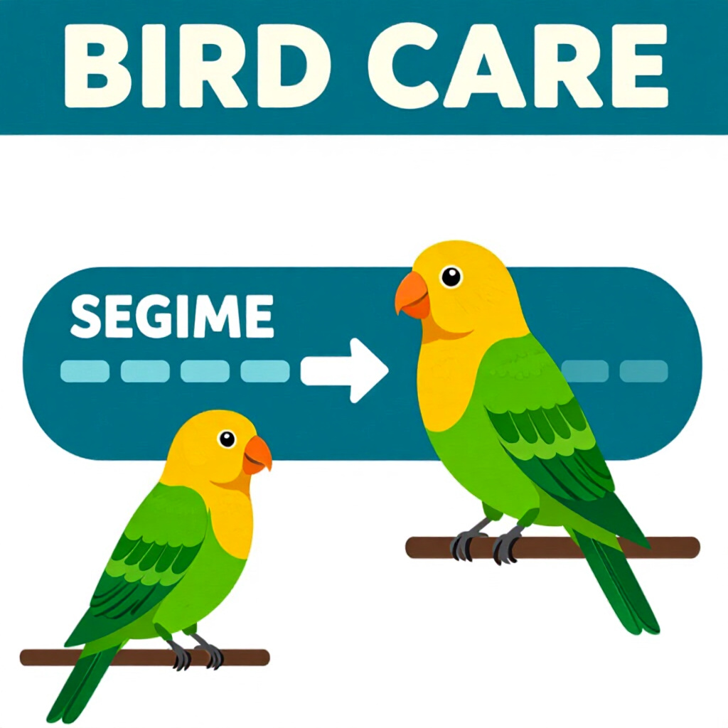 AI generated bird: picture about bird care. picture style: comic migration timelines pet bird seasonal risk assessment,