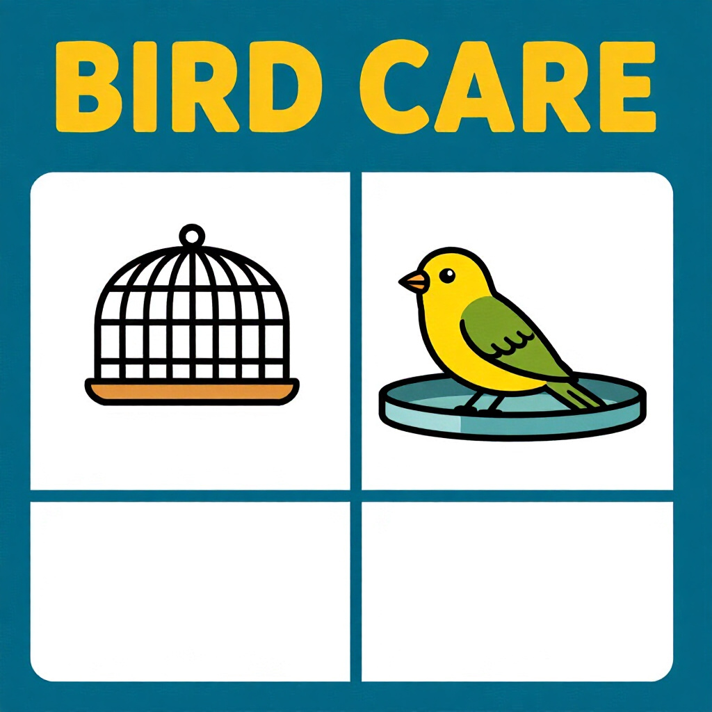 AI generated image: picture about bird care. picture style: comic introduction complete cagesize chart, high quality, de